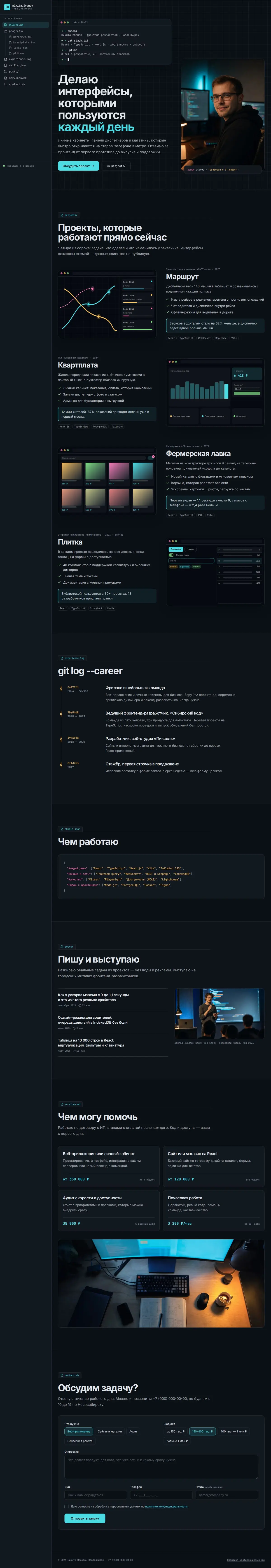 Шаблон портфолио разработчика: компьютердегі көрінісі